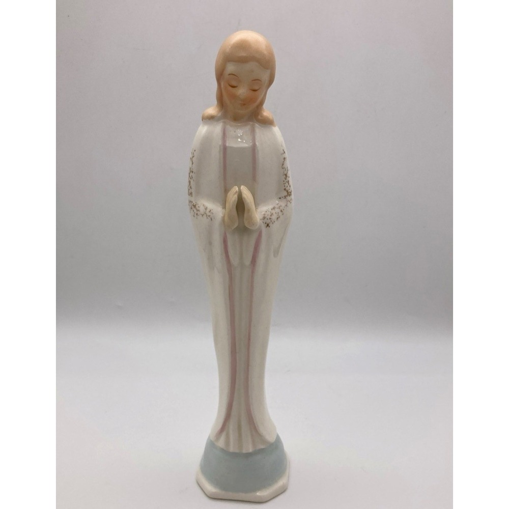 Vintage Mid Century Porcelain Praying Madonna 8.25" Standing Pink Blue Japan